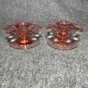 Vintage Pink Depression Glass Flower Petal Candle Holders Set of 2 Taper Holders